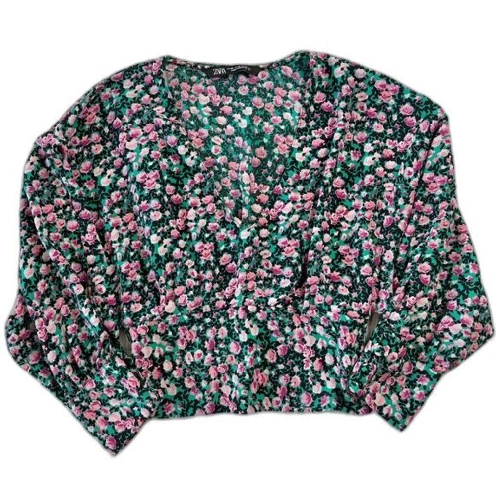 Zara Women's Blouse Cropped Floral XS Teal Pink Black Half Sleeve